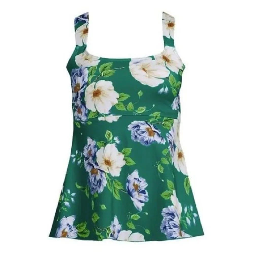 Land's End Plus Flutter scoop neck tankini top emerald Petunia floral print L